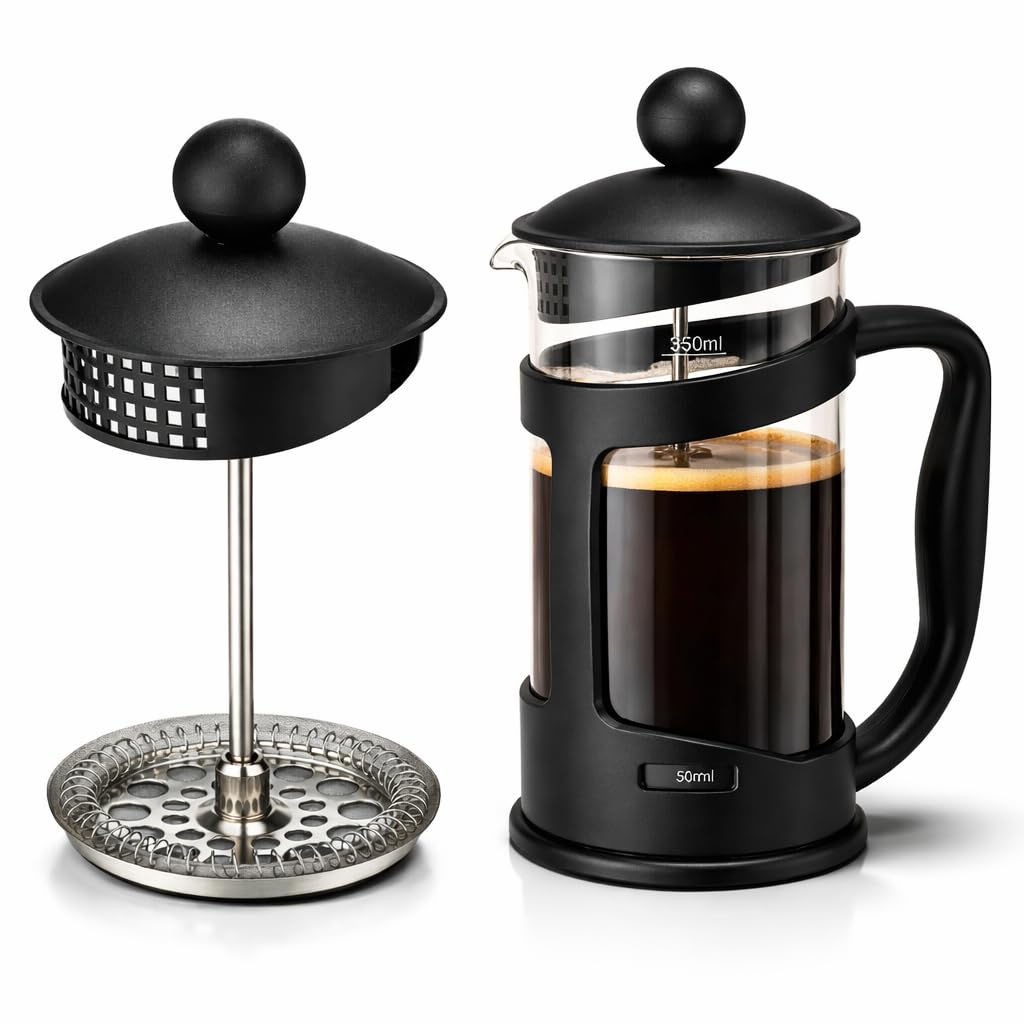 GLOW Wholesale 350ml French Press Cafetiere Coffee Maker, Black Glass, 2–3 Cups or 1 Mug, Durable Heat-Resistant Beaker, Easy Clean Coffee Press for Ground Coffee - Ground Beans, Espresso — image 1