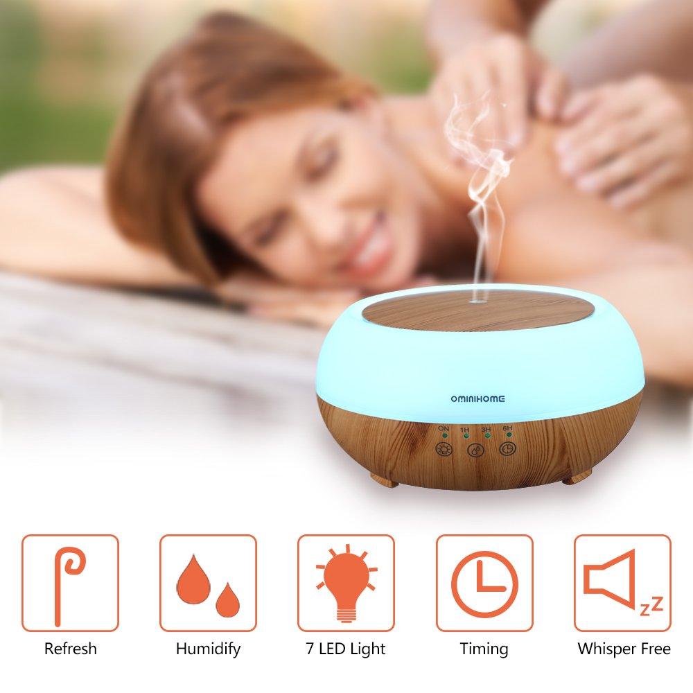 Ominihome Aromatherapy Essential Oil Diffusers, 300ml Ultrasonic Air Humidifier with 4 Timer Settings,7 Color Changing LED Waterless Auto off Wood Grain, 2 Mist Mode, College Graduation Gift