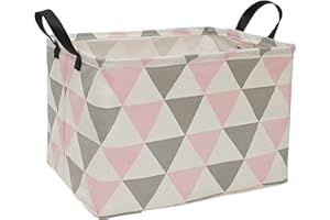 HUAYEE Rectangular Storage Bin Shelf Basket Canvas Fabric Toy Box,Waterproof Coating Nursery Hamper with Handles,Gift Basket for Home,Office,ClothesBooks(REC Pink gray triangle)