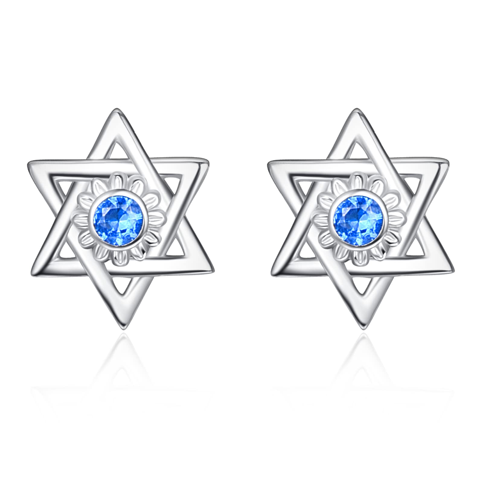KINGWHYTE Star of David Earrings 925 Sterling Silver Blue Daisy Stud Earrings Hexagram Jewelry Gifts for Women Girl Friends