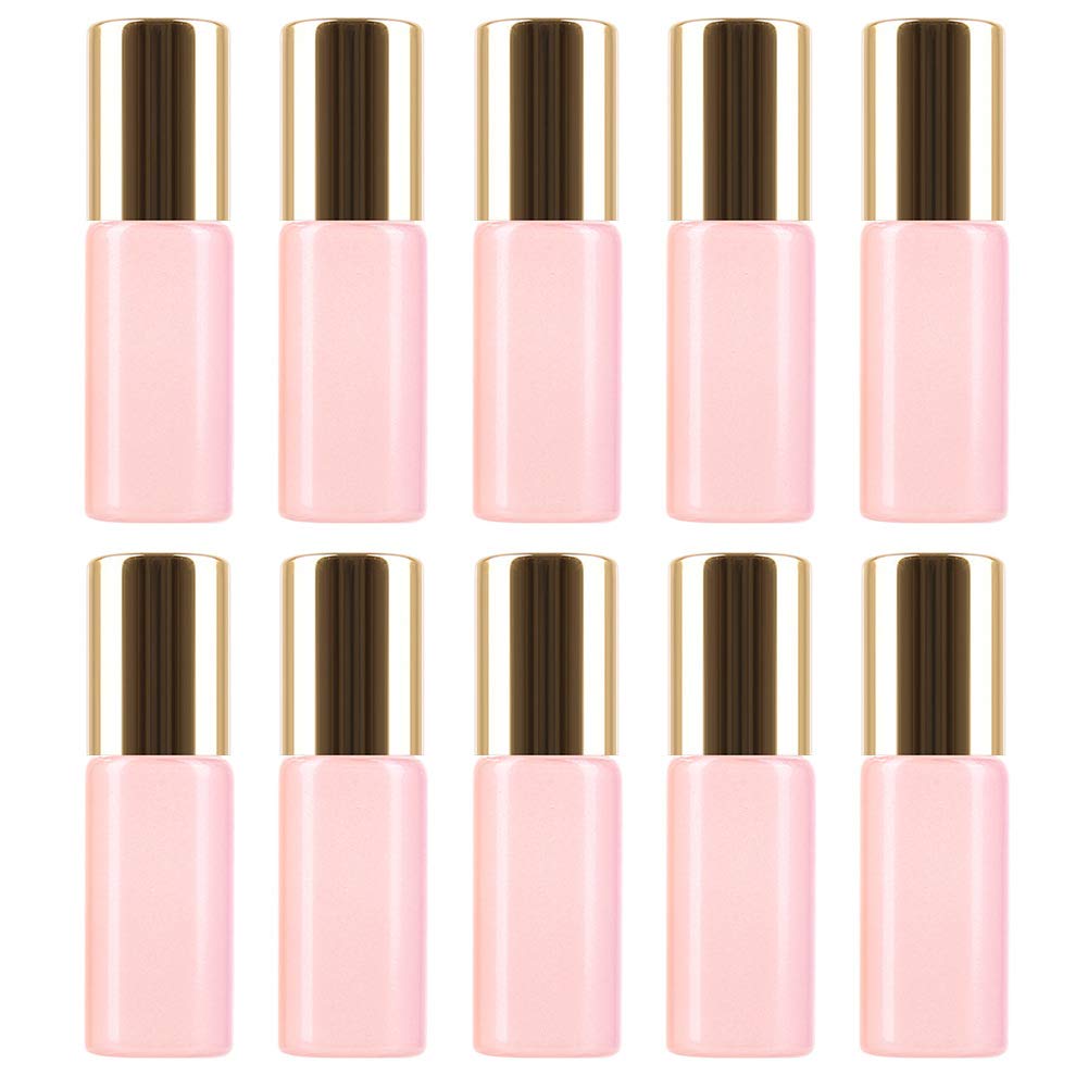 L&H Gadgets 10Pcs Essential Oil Roller Bottles 5ml Glass Refillable Dispensing Containers for Travel with Stainless Steel Roller Balls Perfect for Aromatherapy, Essential Oils, Fragra (Pink)