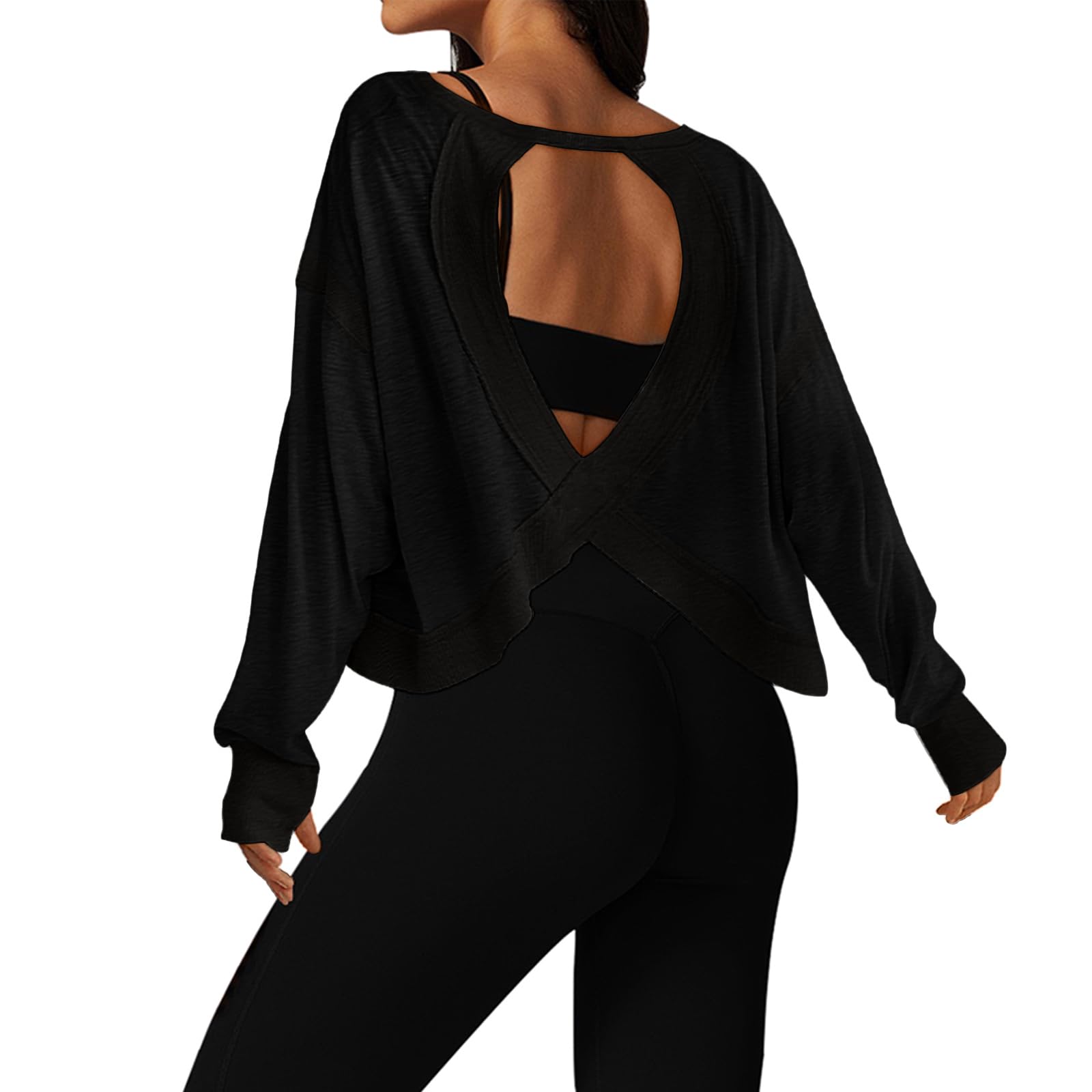 UNIANKIYA Open Back Workout Tops for Women Long Sleeve Cropped Athletic Clothes Gym Running Yoga Low Impact Sports T Shirts