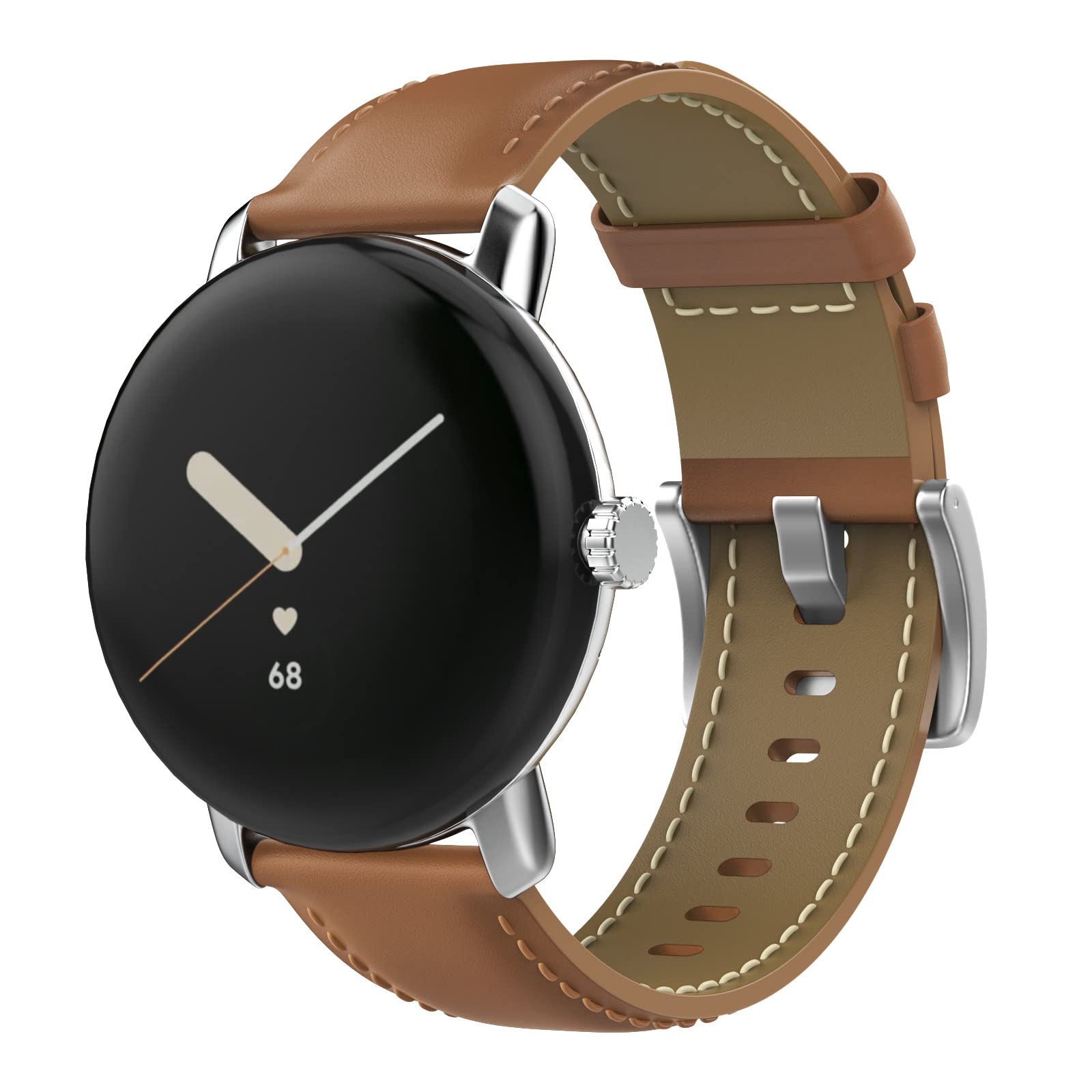 MoKo Leather Strap Compatible with Google Pixel Watch 3/4, Genuine Leather Replacement Watch Band for Women and Men, Light Brown