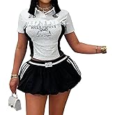 Two Piece Outfits for Women Summer Y2K Going Out Lace Trim Ruched Crop Tops Pleated Bubble Mini Skort Skirt Sets