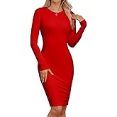 Qaffier Bodycon Dresses for Women Long Sleeve Dress Casual Crew Neck Slim Fitted Fleece Midi Dresses