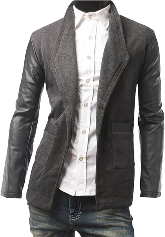 YUNY Men's Stylish Faux Leather Sleeves Cardigan Blazer Coat Dark Grey