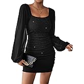 QIANZHIDU Women's Square Neck Ruched Mesh Puff Long Sleeve Bodycon Mini Party Dress