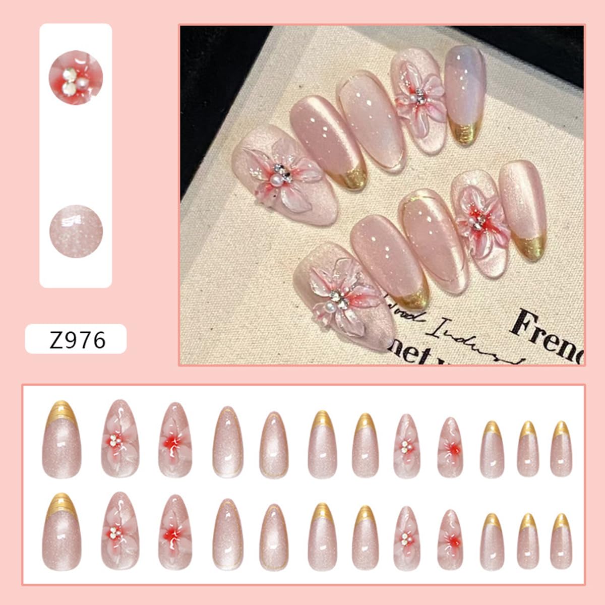 24Pcs Gold French Tip Press on Nails Medium Almond Fake Nails Luxury 3D Flower False Nails with Rhinestones Designs Elegant Sparkly Acrylic Nails Full Cover Flowers Glue on Nails for Women Girls - Image 2