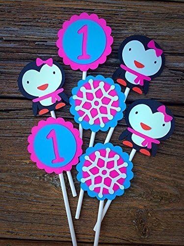 12 Girly Winter Penguin, Snowflake & Age Cupcake Toppers- Pink/ Aqua
