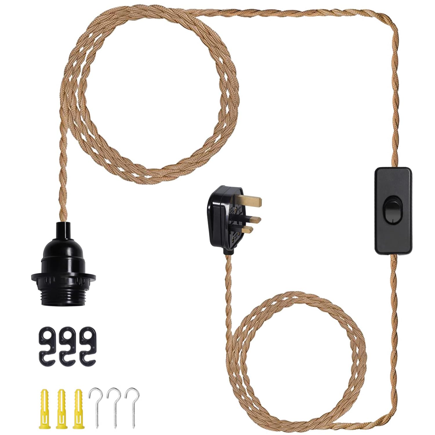 15FT Vintage Plug in Pendant Light Cord Hanging Light Dimmer Switch Kit DIY with Twisted Nylon Rope, Industrial Ceiling Pendant Lighting E26 E27 Socket for Farmhouse Kitchen Cable (01) — image 1