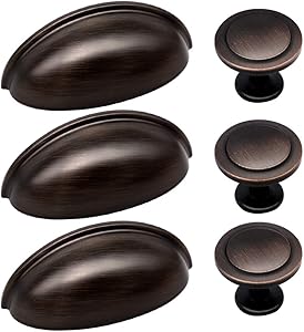 27pcs ORB Cabinet Knobs and Cup Handles, Sunriver 12 Packs Oil Rubbed Bronze Kitchen Cup Pulls 3 Inch 76mm Stainless Steel Bin Cup Drawer Handles and 15 Packs knob Set