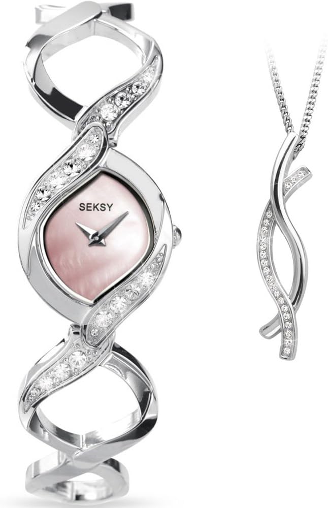 Seksy Loop Stone Set Pink Mother of Pearl Dial Stainless Steel Bracelet Ladies Watch & Pendant Gift Set 4502P