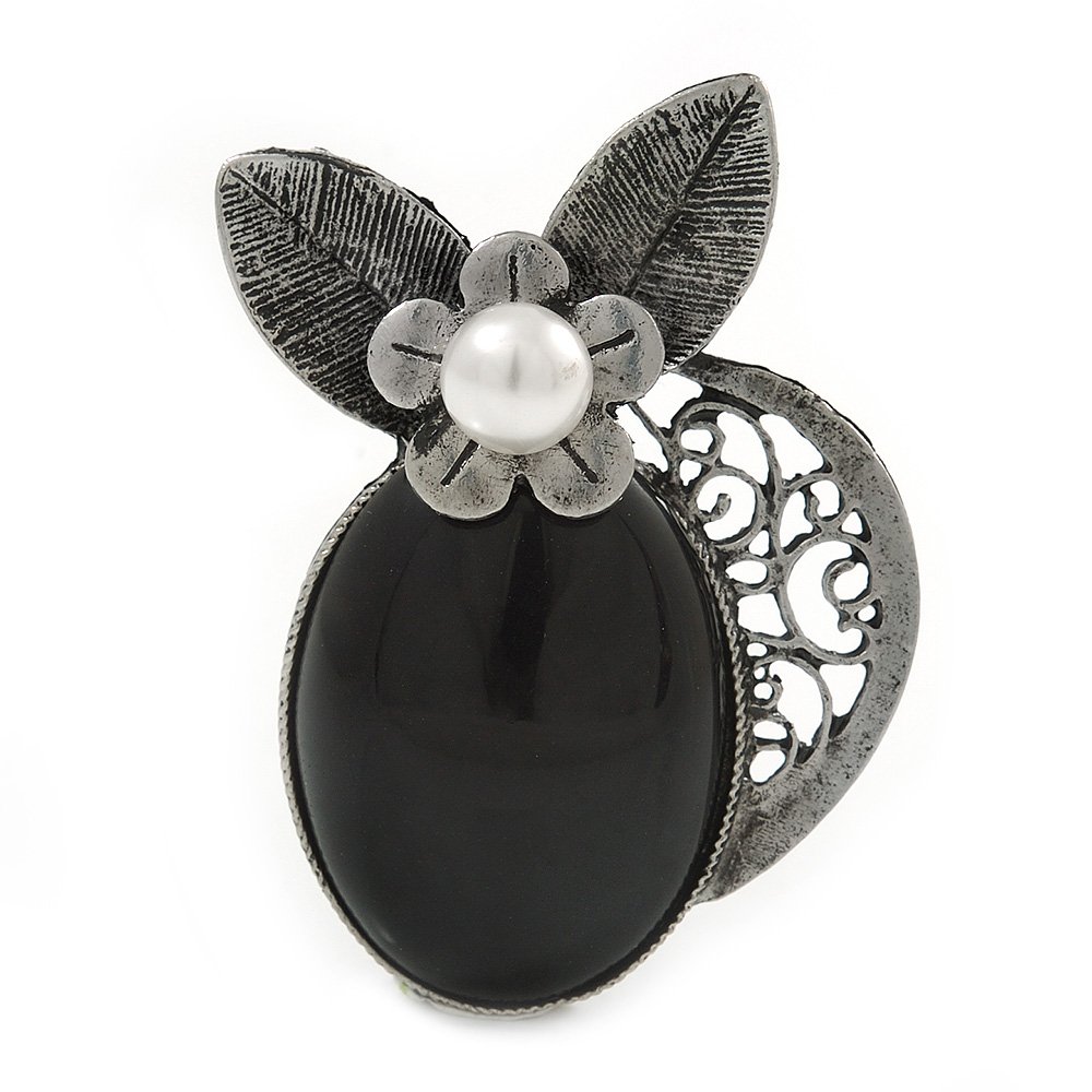 Vintage Inspired Black Oval Resin Stone, Pearl Flower Pewter Tone Brooch/Pendant - 65mm