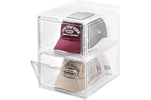 beehomay Hat Organizer Box,Stackable Clear Baseball Caps Holder Box Containers with Magnetic Door for Hats Snapback Cap Storage,Clear Hat Storage with Magnetic Door, Holds 20 Hats(clear, 2 pack)