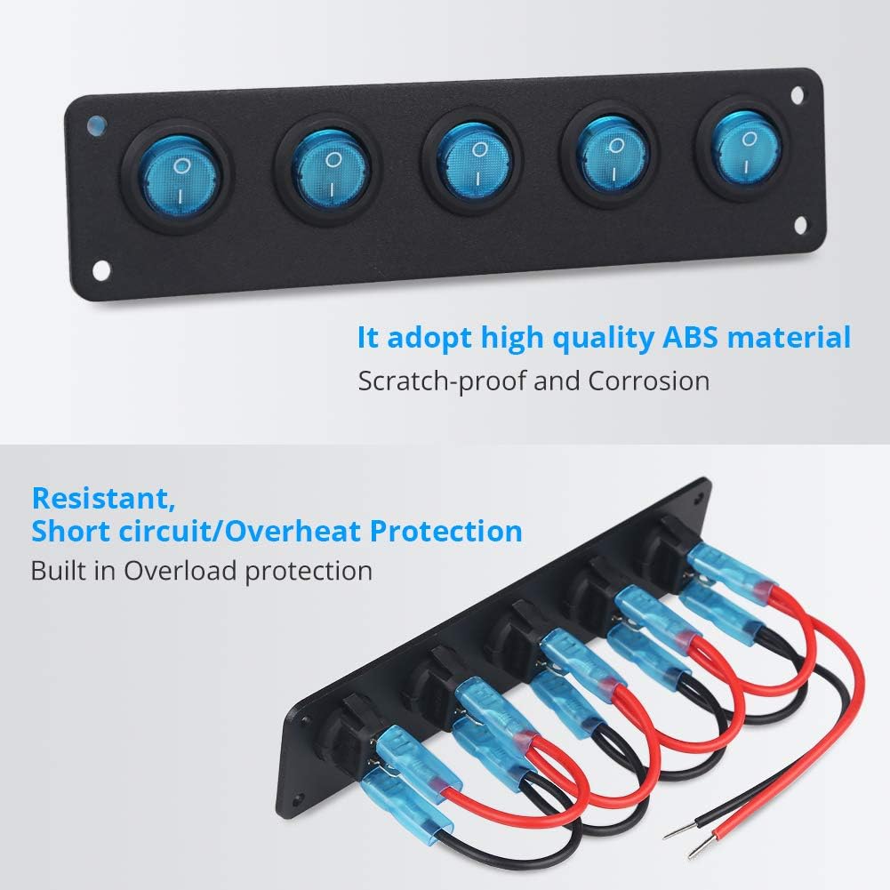 WATERWICH DC 12V-24V 5 Gang ON-Off Buttom Ignition Marine Boat Toggle Rocker Switch Panel Waterproof for RV Car Vehicles Truck Trailer Yacht SUV (5 Gang Blue): Automotive