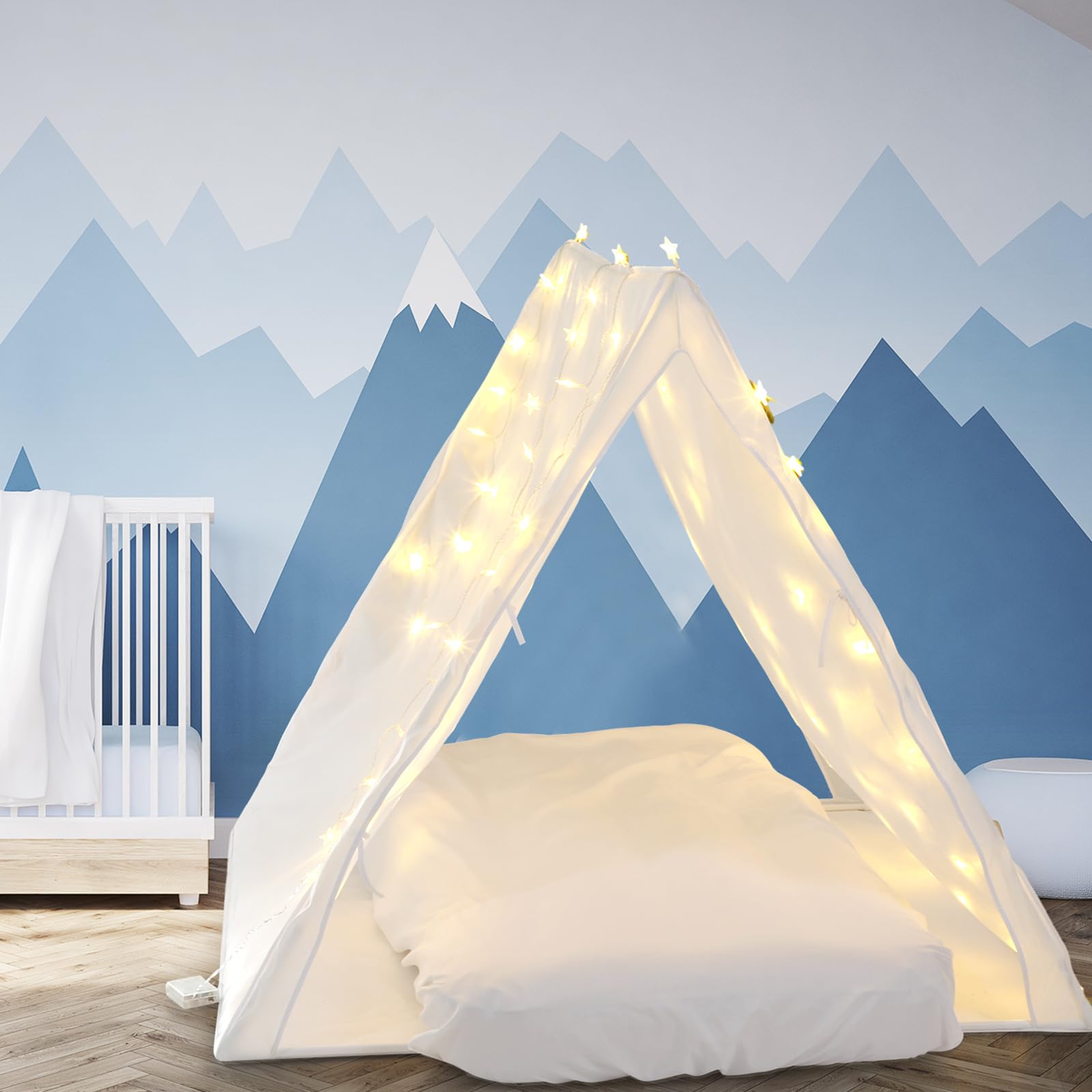 5 Pcs Sleepover Tent Set for Kids Includes Teepee Tent Inflatable Airbed (with Air Pump) 2 Fitted Sheets Star Lights String, Kids Travel Bed Inflatable for Girls Boys Indoor Outdoor