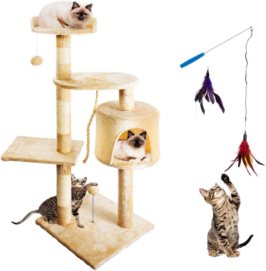 Cat Tree Condo Multi-Level Cat Tower with Sisal Scratching Posts, Cat Scratching Furniture Plush Perches Kitten Activity Tower Kitty Play House, Beige : Pet Supplies