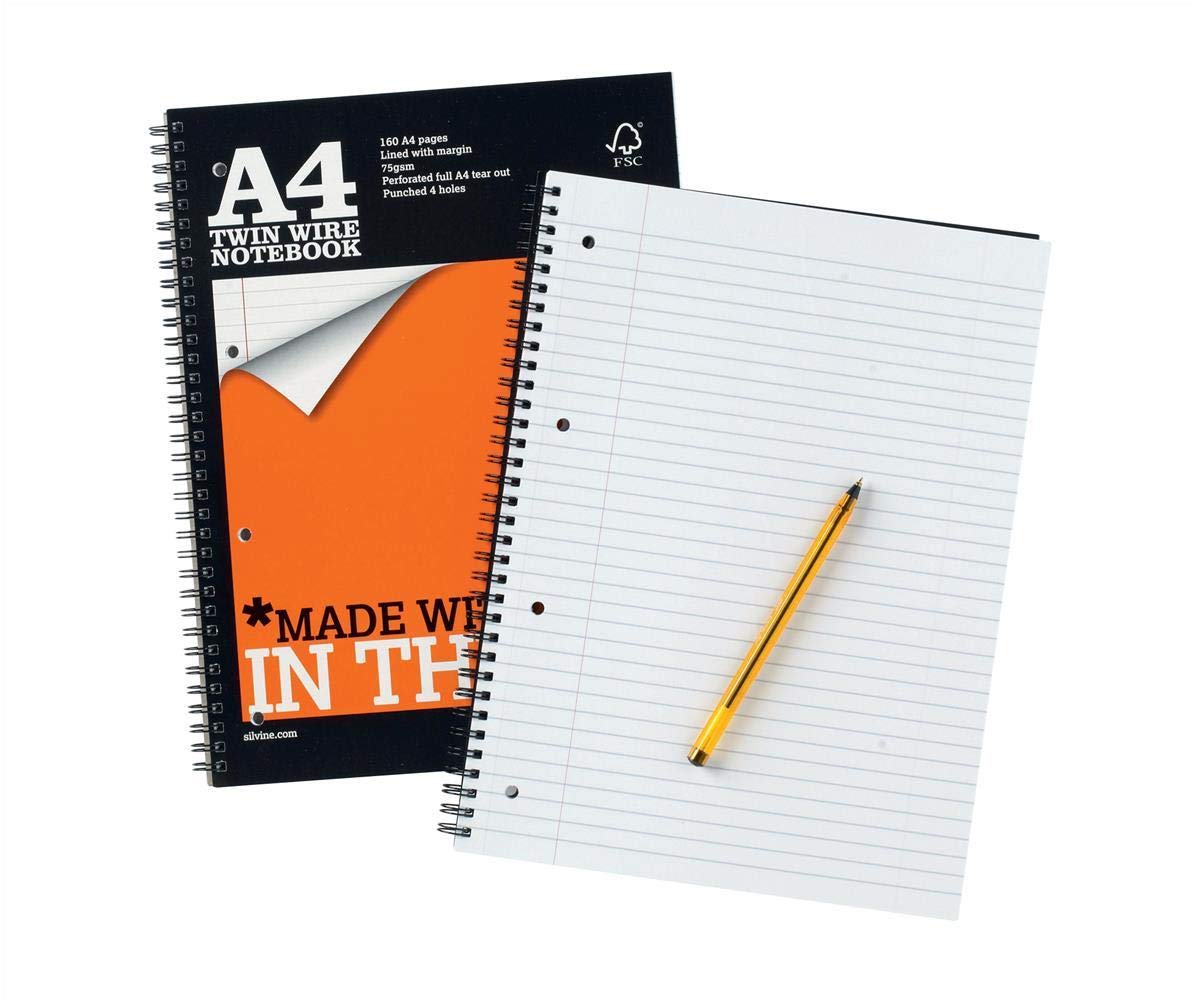 Silvine Notebook Wirebound Perforated Punched Ruled 160pp 75gsm A4 Ref TWPA4 [Pack of 6], Orange & Black