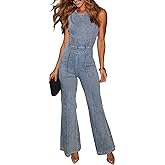 RISCUYY Denim Jumpsuit for Women Formal Back Tie Crew Neck Pants Rompers Business Streetwear