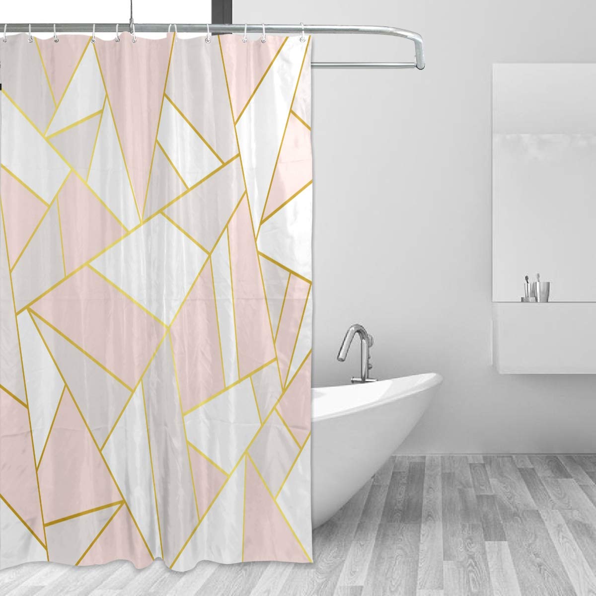 ALAZA Shower Curtain Fabric, Rose Gold Pink Geometry Marble Bathroom Waterproof Polyester Curtains Accessories With Hooks For Home Decorative (153cm x 183cm)