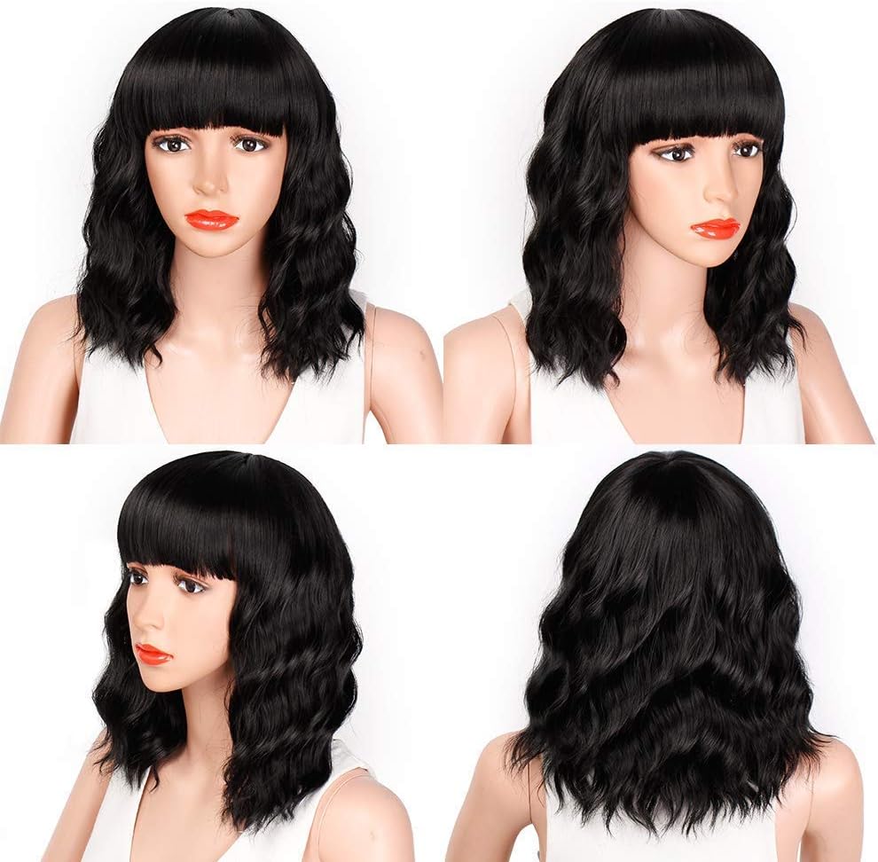 ColorfulPanda 14" Black Wavy Curly Bob Wigs for Women Ladies Natural Looking and Heat Resistant Synthetic Hair Short Wig with Fringe for Daily Cosplay Party - Image 5