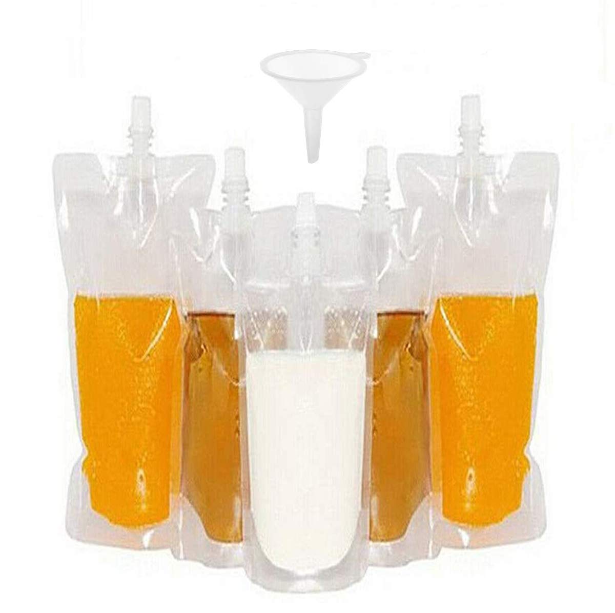 50pcs Plastic Liquor Pouches Drink Bags Beverages - Flasks Bag Reusable Spout Bags, 8.4oz for frozen juice beverage bottles, a plastic funnel (250ml)