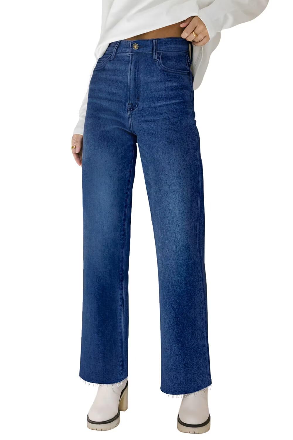 Photo 1 of KDF Straight Leg Jeans for Women High Waisted Jeans Frayed Baggy Pants Raw Hem Loose Stretchy Cropped Wide Leg Jeans Dark Blue Size 6