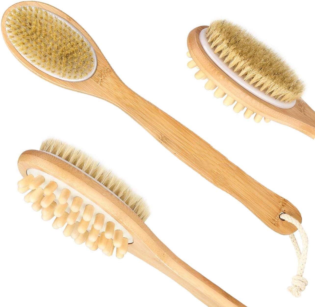 Dry Skin Body Brush - Natural Bristles, Glowing Skin - Get Rid of Your Cellulite and Dry Skin, Improve Circulation and Shower Brush, Keep Skin Healthy - Gentle Massage Node (Long bamboo handle)