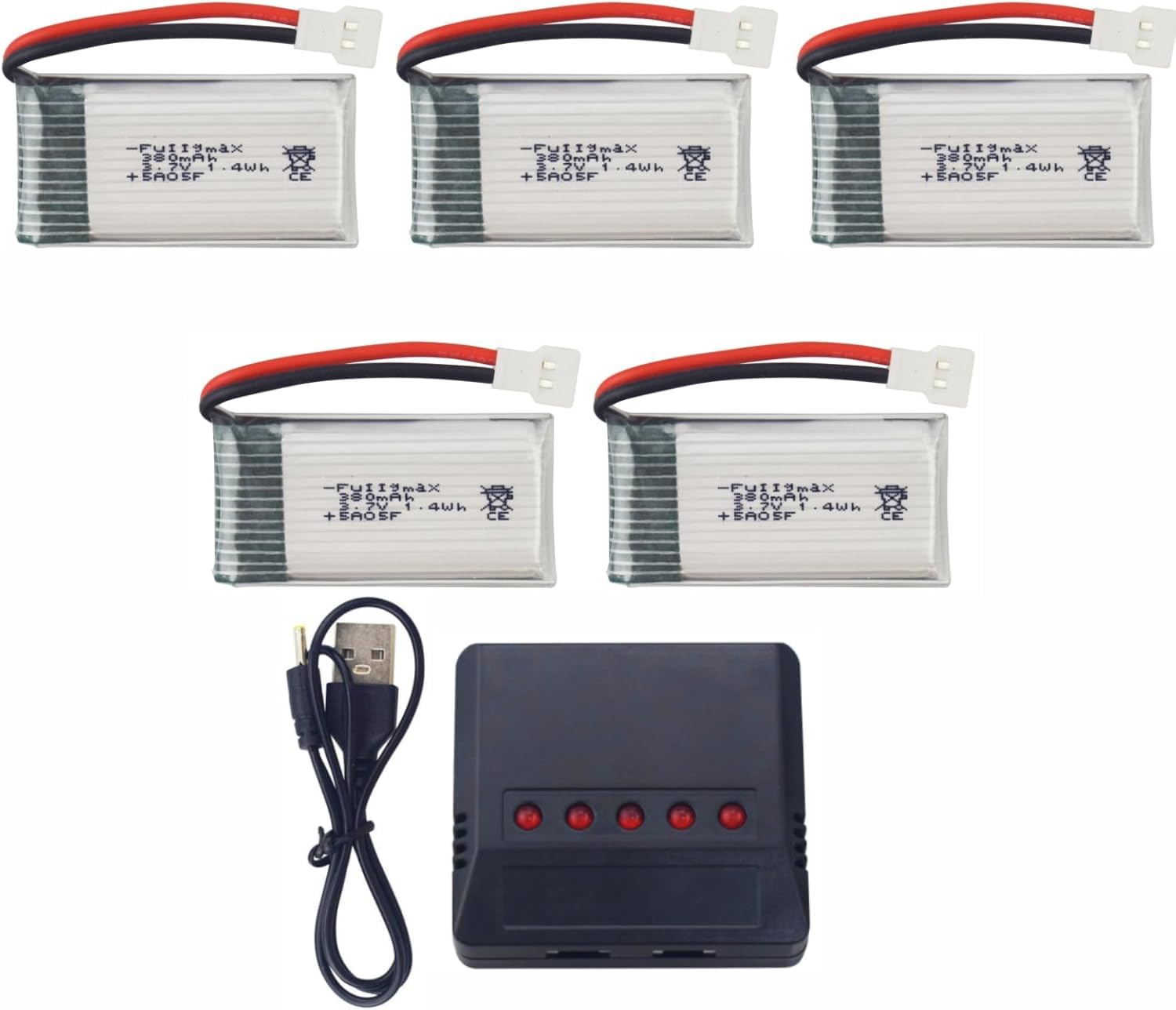 YUNIQUE GREEN-CLEAN-POWER - 5 in 1 Charger Adapter Kit + 5x Lithium Batteries 3.7V 380mAh 25C | For Hubsan X4, Tera Mini Quadcopters | Extended Flight Times, Silver | 38X20X7,5 mm - 10 gr