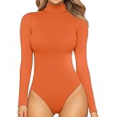 MANGOPOP Women's Mock Turtle Neck Long Sleeve Tops Bodysuit Jumpsuit Orange Small