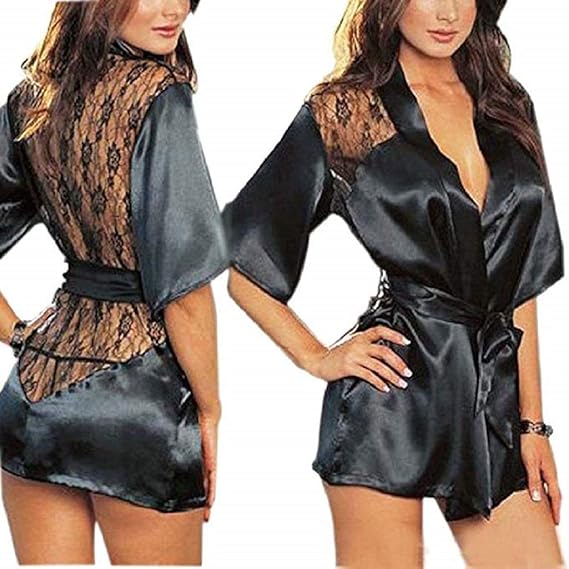 Sexy Silky Satin Robe Dressing Gown Short ComfyBlack Amazon.co.uk