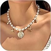 BELLA-Bee Gold Beach Necklaces for Women Trendy Adjustable Boho Seashell Starfish Choker Necklace Dainty Shell Pearl Charm Necklace Fashion Summer Vacation Jewelry