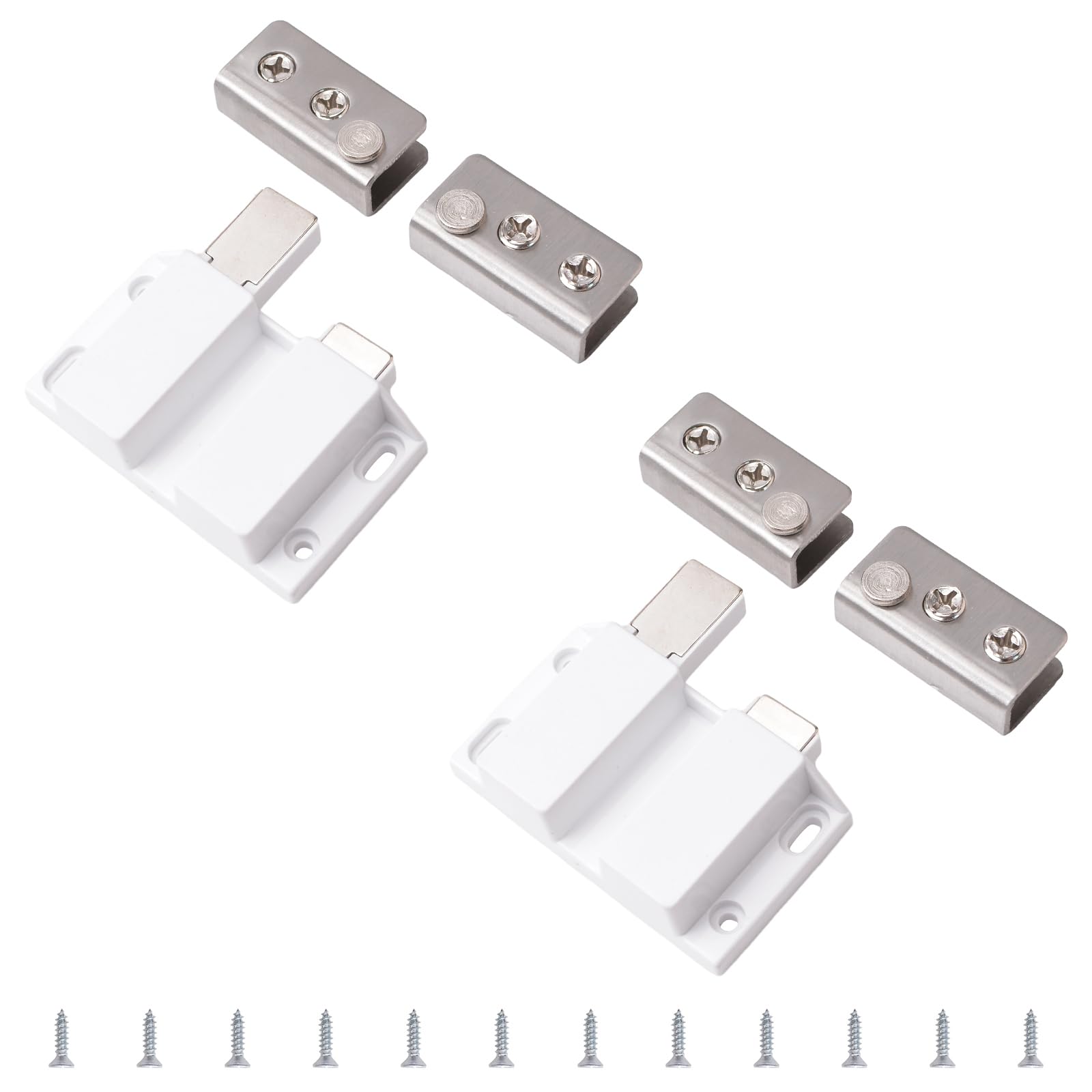 UFURMATE Glass Door Magnetic Catch Latch Closures, 2 Set Push Open Double Glass Door Magnetic Touch Latchs with Adjustable Cabinet Clamp, Fit for 3-7mm Free-Swinging Frameless Glass Door (White)