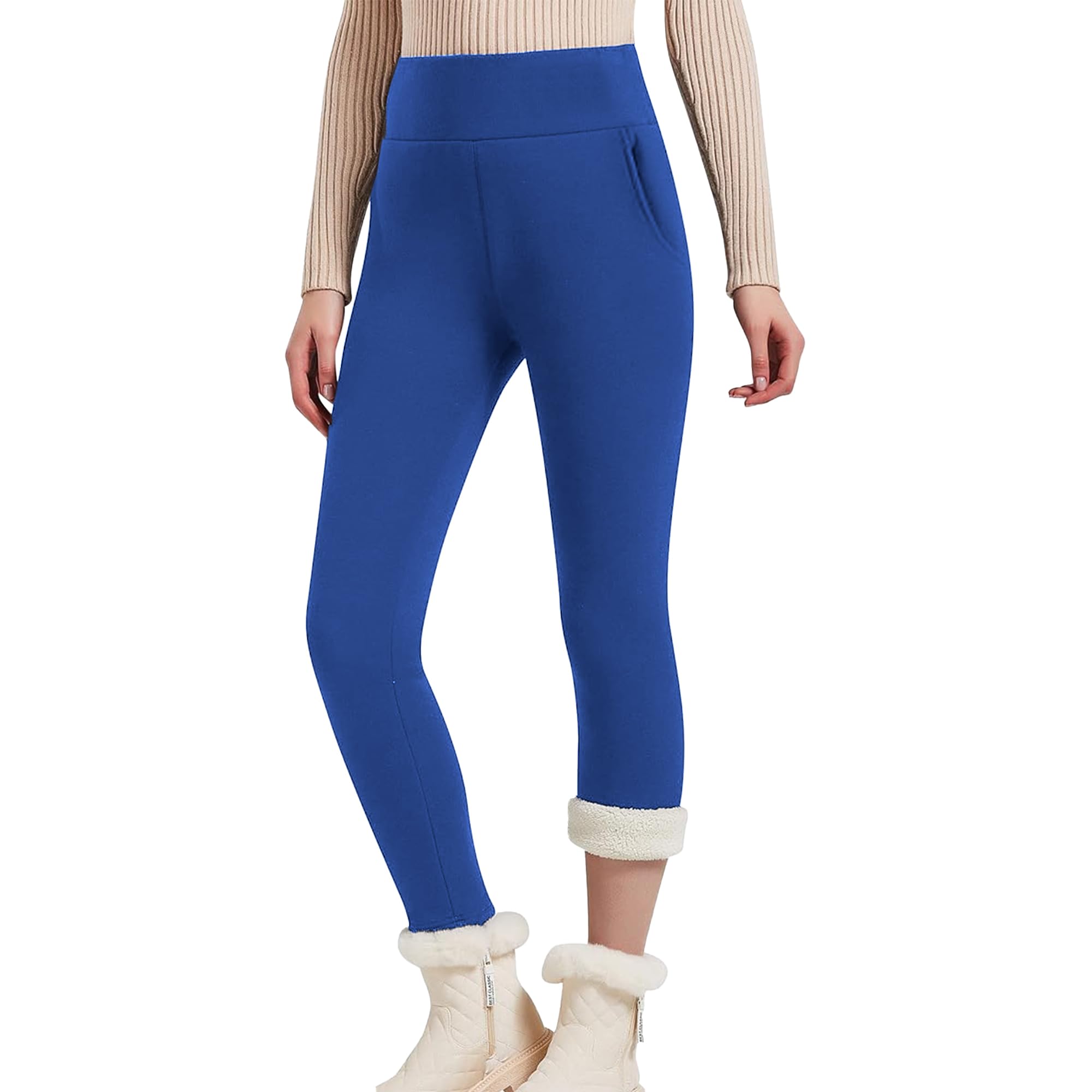 Hixiaohe Casual Sherpa Fleece Lined Leggings Women Winter Warm Pants High Waisted Stretchy Thick Thermal Tights Cold Weather Blue Image