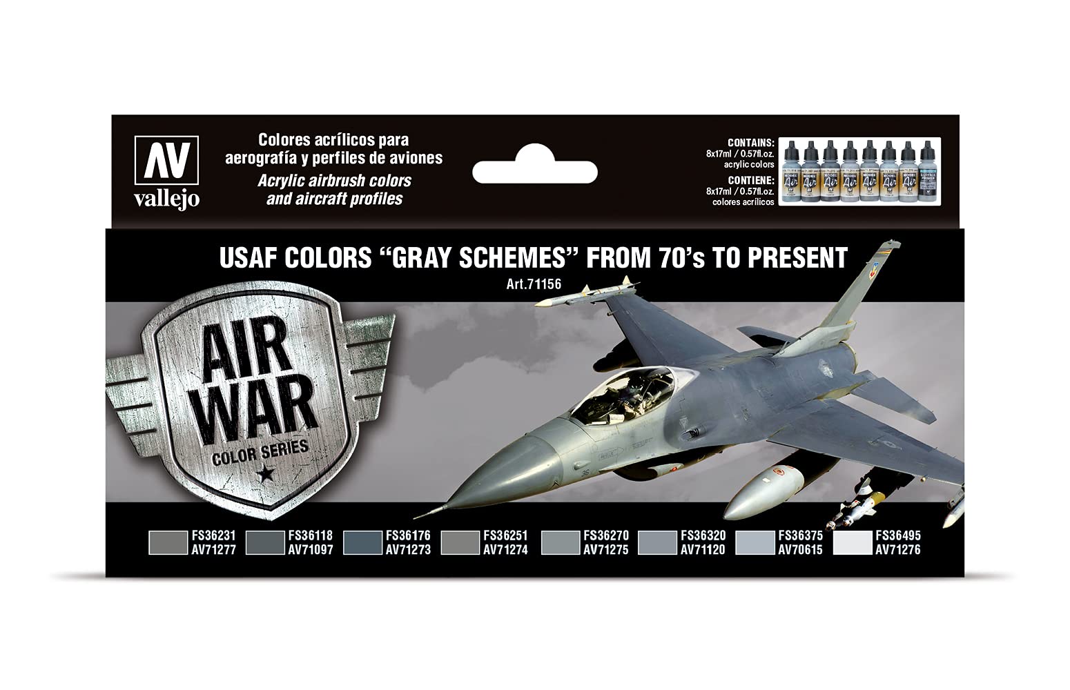 Vallejo Model Color Set, USAF Grey Schemes, 16 Matte Acrylic Paints, 18 ml Bottles, Ideal for Airbrush and Model Painting