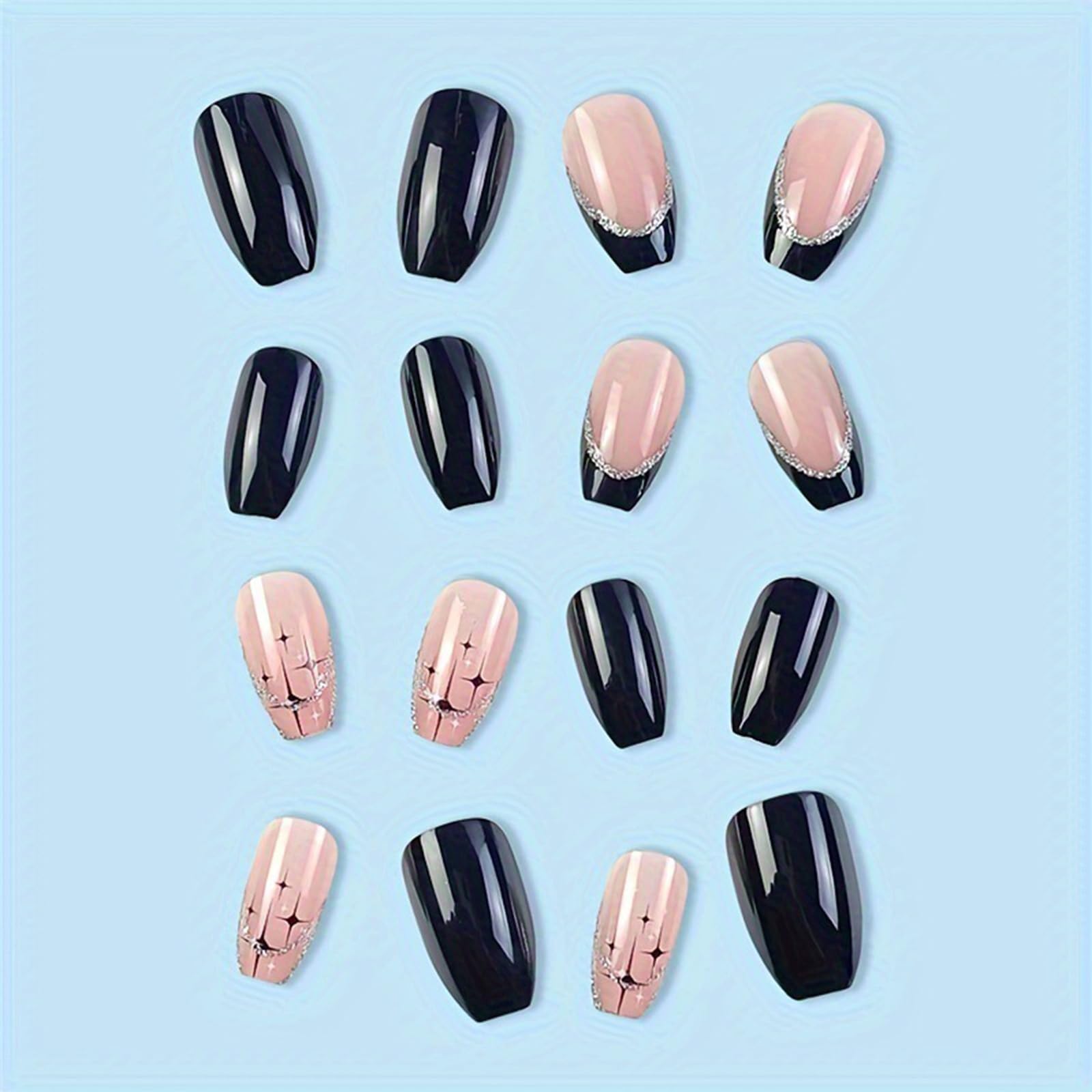 Black French Tip Press on Nails Medium Coffin Fake Nails with Silver Glitter French Tip Design Black Star Glue on False Nail Cross Star Square Acrylic Artificial Stick on Nail for Women Girls 24Pcs - Image 3