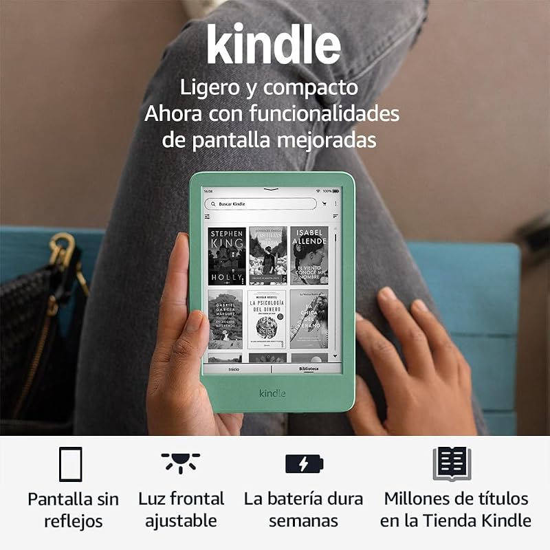 Kindle (Próxima Geração) | O Kindle Mais Leve e Mais Compacto com ecrã sem reflexos, viragens de página mais suaves e luz frontal ajustável | 16 GB | Sem anúncios | Matcha verde