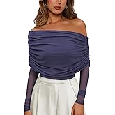 Women's Sexy Mesh Long Sleeve Top for Women Off Shoulder Sheer Ruched Going Out Tops Cocktail Party Outfits