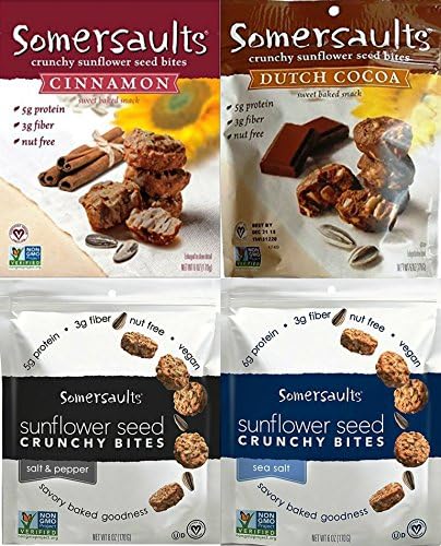 Somersaults Sunflower 6 oz Seed Snacks Crunchy Nuggets 4 Flavor Variety Bundle: (1) Dutch Cocoa, (1) Salt &amp; Pepper (1) Cinnamon &amp; (1) Sea Salt (Pack of 4)