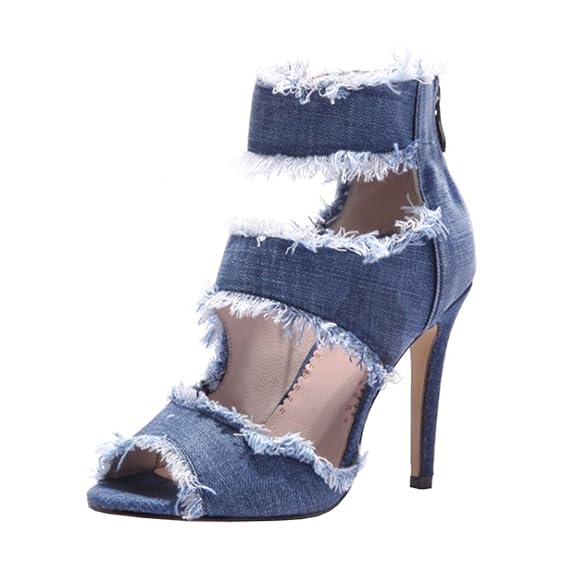Agodor Damen High Heels Canvas Sommer Stiefeletten mit Hinten Reißverschluss und Stiletto Peep Toe Sandalen Elegante Schuhe