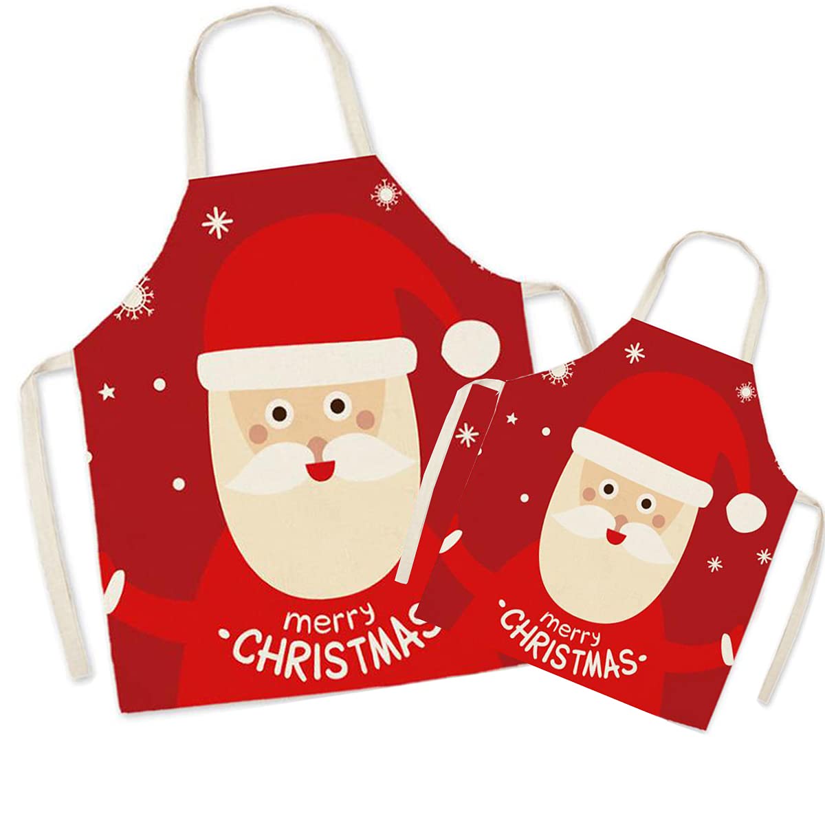 FOMAISELF Linen Parent and Child Cooking Apron - Father Christmas Pattern Mum and Kids Apron, Mummy Son Daughter Aprons for Cooking Baking Painting Party