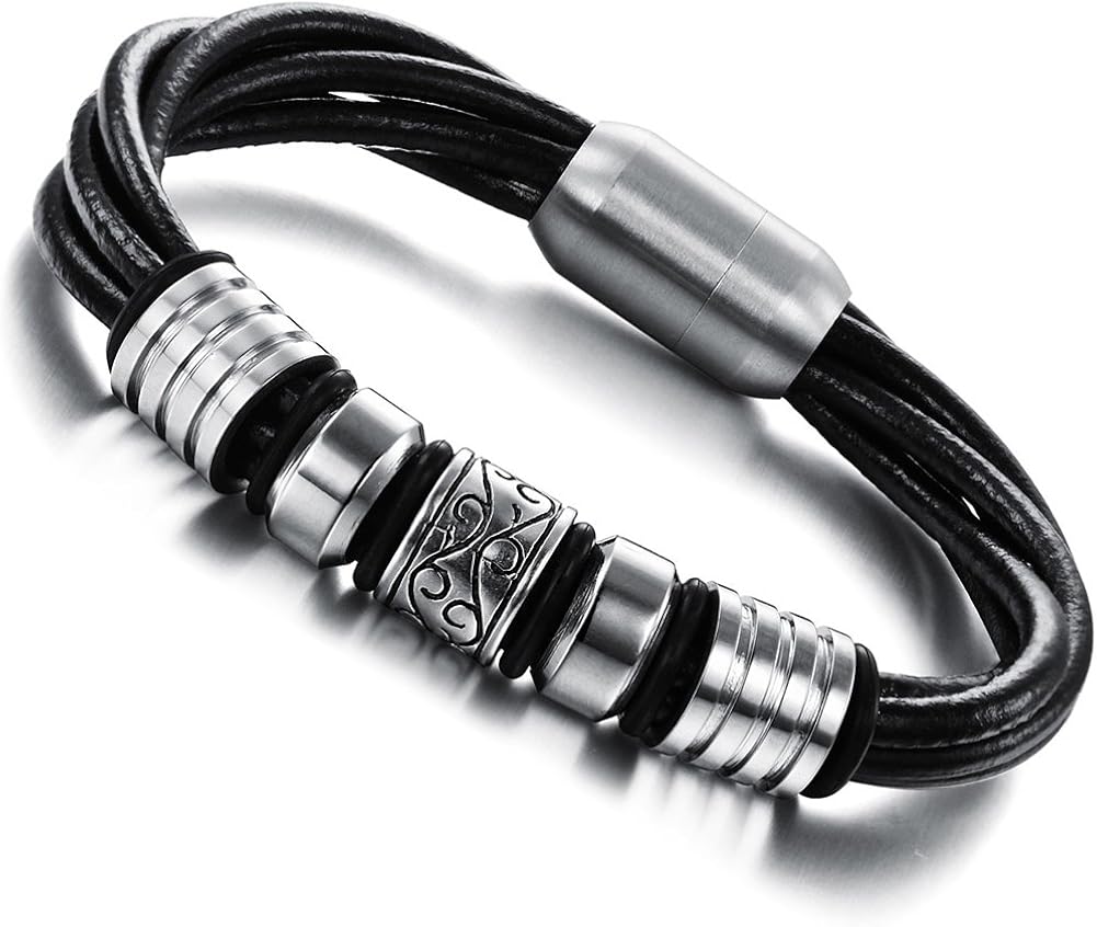 Flongo Men's Womens Tribal Leather Bangle Bracelet Stainless Steel Celtic Knot Magnetic Clasp, Black Silver, 8.07 inch