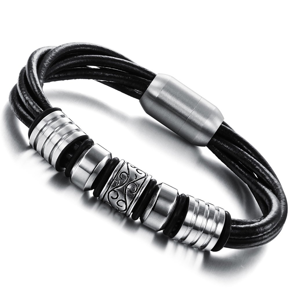Flongo Men's Womens Tribal Leather Bangle Bracelet Stainless Steel Celtic Knot Magnetic Clasp, Black Silver, 8.07 inch