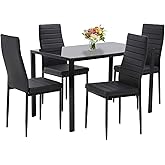 PayLessHere Dining Room Table Set 5-Piece Kitchen with 4 Faux Leather Metal Frame Chairs Rectangular Modern for Small Spaces w/Glass Tabletop Kitchen Table and Chairs, Black Glass