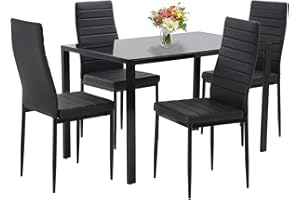 PayLessHere Dining Room Table Set 5-Piece Kitchen with 4 Faux Leather Metal Frame Chairs Rectangular Modern for Small Spaces w/Glass Tabletop Kitchen Table and Chairs, Black Glass