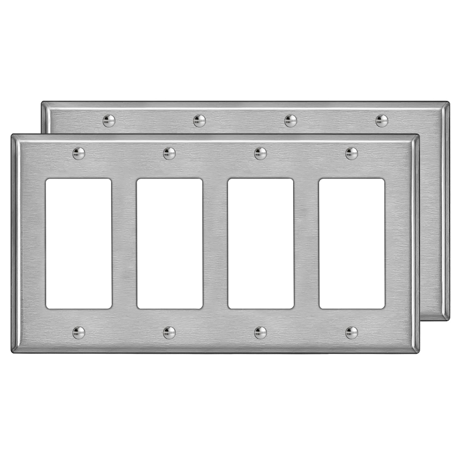 Photo 1 of [2 Pack] BESTTEN 4-Gang Decor Metal Wall Plate with ?hite or Clear Plastic Film, Stainless Steel Outlet Cover, H4.53" x W8.23", Standard Size