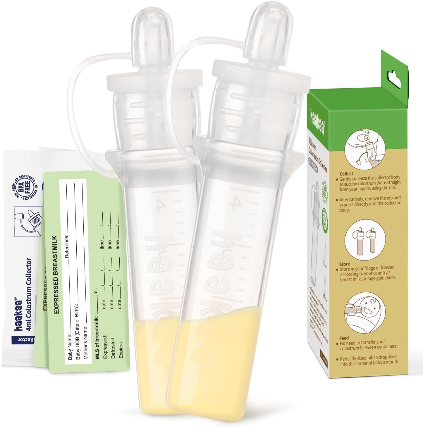 haakaa Silicone Colostrum Collector Kit, Breast Milk Collector with Label Stickers, Ready-to-Use, Reusable Storage Solution for New Moms, 4ml/2pcs