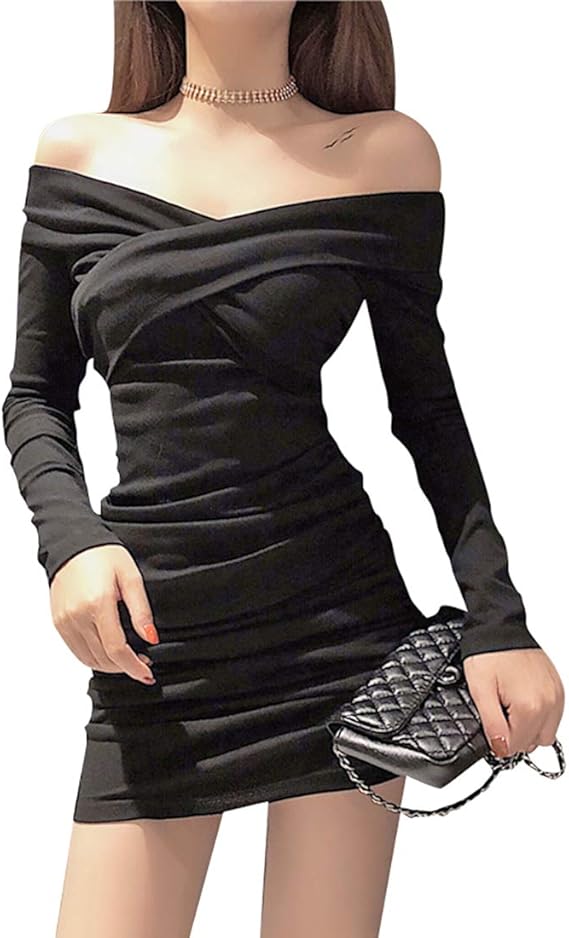 Amazon 長袖 肩出し ミニドレス セクシー オフショルダー タイトワンピース ショート丈 キャバドレス パーティードレス 黒 ワンピース チュニック 通販