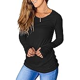 PiePieBuy Women's Thumb Hole T-Shirt Long Sleeve Crew Neck Plain Shirts Casual Ruched Tee Tops