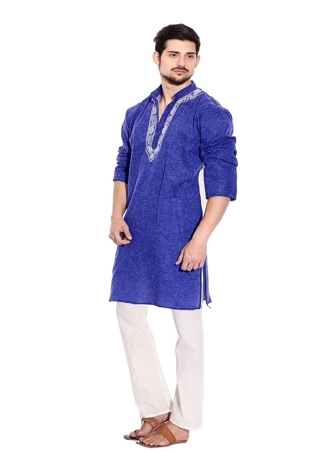 sai chikan men's regular fit embroidered blue jute cotton kurta with payjama